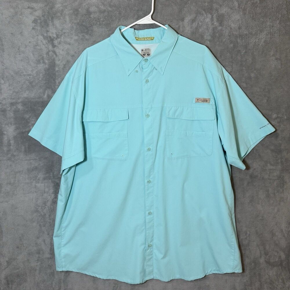 Columbia PFG Shirt Men 2XL Teal Omni-Shield Blood N Guts Vented Back Fishing